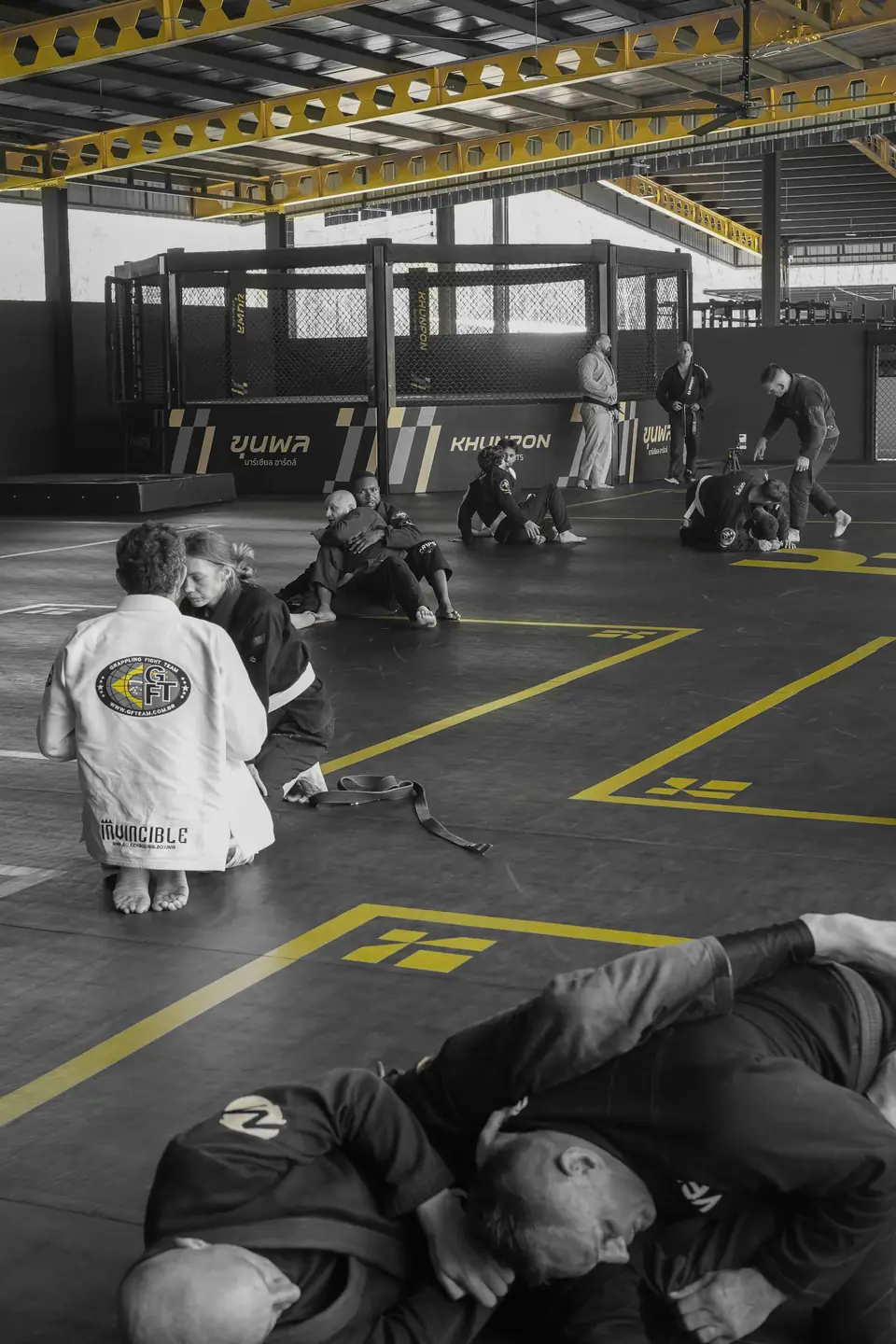 Two practitioners drill a pass, seen from above