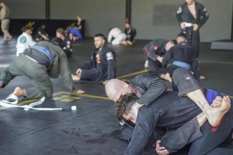 Two practitioners drill at the front while others look on