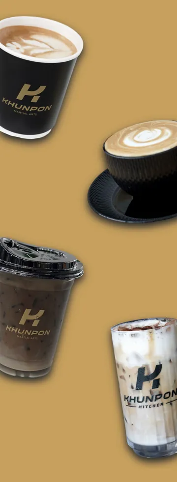 Hot and iced coffees in Khunpon cups