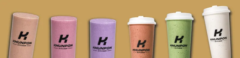 Six protein smoothies in Khunpon Kitchen cups