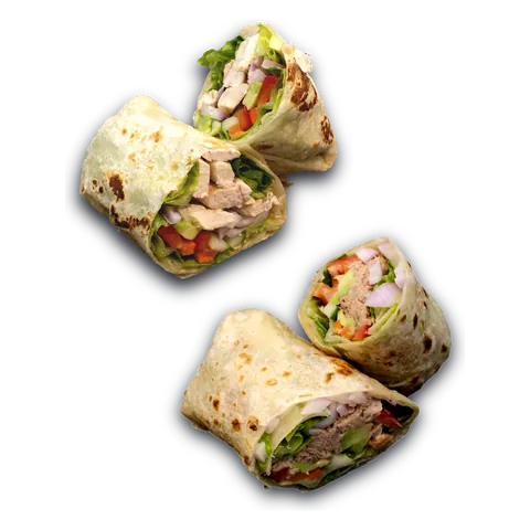 A chicken wrap cut in half, showing lettuce, red onion and peppers
